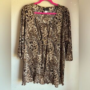 Maggie Barnes Crinkle Pleated Crepe Leopard Animal Print 3/4 Sleeve Blouse 1X